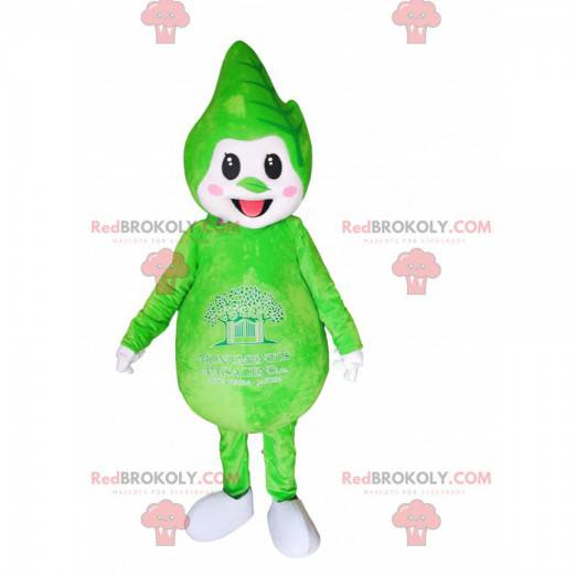 Groene karaktermascotte met een blad op zijn hoofd -