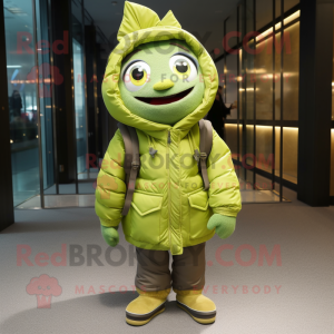 Lime Green Tuna mascot costume character dressed with a Parka and Wallets