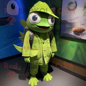 Lime Green Tuna mascot costume character dressed with a Parka and Wallets