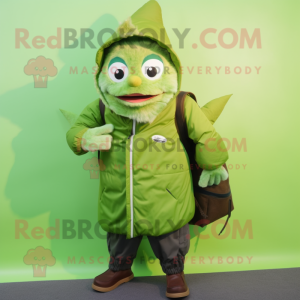Lime Green Tuna mascot costume character dressed with a Parka and Wallets