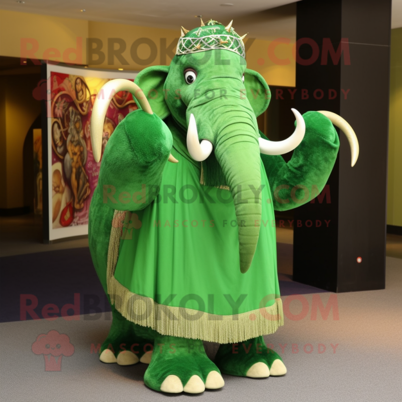 Green Mammoth mascot costume character dressed with a Evening Gown and Rings