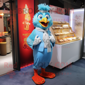 Sky Blue Butter Chicken mascot costume character dressed with a Waistcoat and Anklets