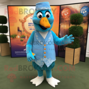 Sky Blue Butter Chicken mascot costume character dressed with a Waistcoat and Anklets