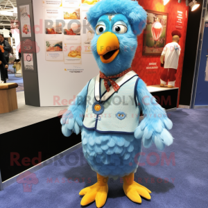 Sky Blue Butter Chicken mascot costume character dressed with a Waistcoat and Anklets