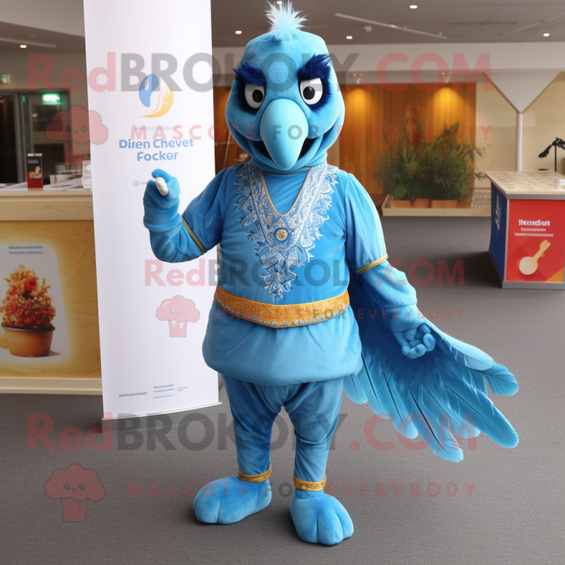 Sky Blue Butter Chicken mascot costume character dressed with a Waistcoat and Anklets Sky Blue Butter Chicken mascot costume character dressed with a Waistcoat and Anklets