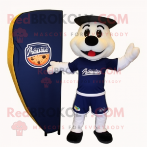 Navy Pizza Slice mascot costume character dressed with a Board Shorts and Messenger bags