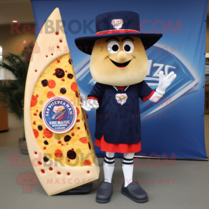 Navy Pizza Slice mascot costume character dressed with a Board Shorts and Messenger bags