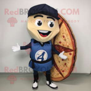 Navy Pizza Slice mascot costume character dressed with a Board Shorts and Messenger bags