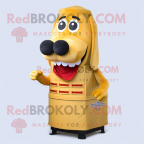 Gold Hot Dogs mascot costume character dressed with a Skirt and Cufflinks