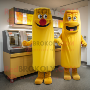 Gold Hot Dogs mascot costume character dressed with a Skirt and Cufflinks