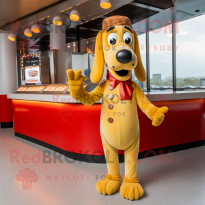 Gold Hot Dogs mascot costume character dressed with a Skirt and Cufflinks