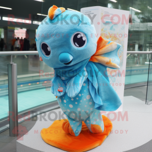 Cyan Goldfish mascot costume character dressed with a One-Piece Swimsuit and Shawl pins