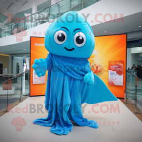 Cyan Goldfish mascot costume character dressed with a One-Piece Swimsuit and Shawl pins