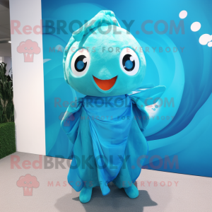 Cyan Goldfish mascot costume character dressed with a One-Piece Swimsuit and Shawl pins
