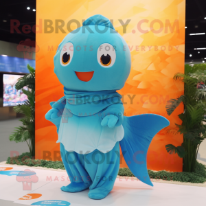 Cyan Goldfish mascot costume character dressed with a One-Piece Swimsuit and Shawl pins