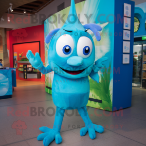 Cyan Aglet mascot costume character dressed with a Graphic Tee and Earrings