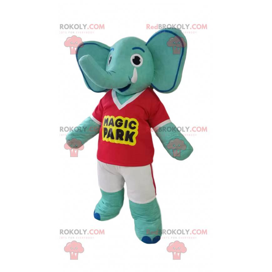 Mascotte d'éléphant bleu avec un t-shirt rouge et un short