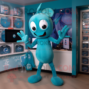 Cyan Aglet mascot costume character dressed with a Graphic Tee and Earrings