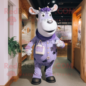 Lavender Cow mascot costume character dressed with a Jeans and Mittens