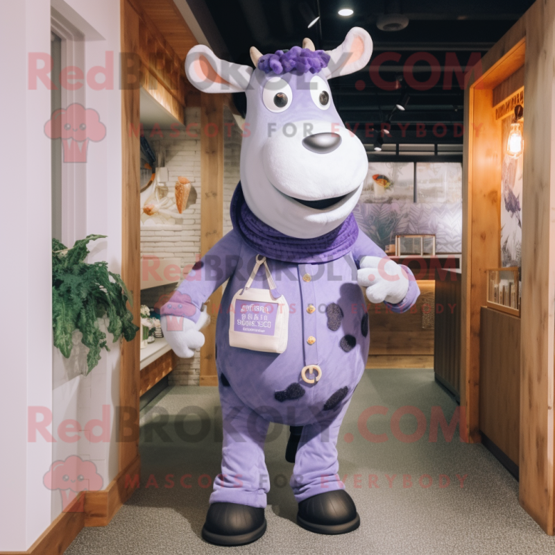 Lavender Cow mascot costume character dressed with a Jeans and Mittens Lavender Cow mascot costume character dressed with a Jeans and Mittens