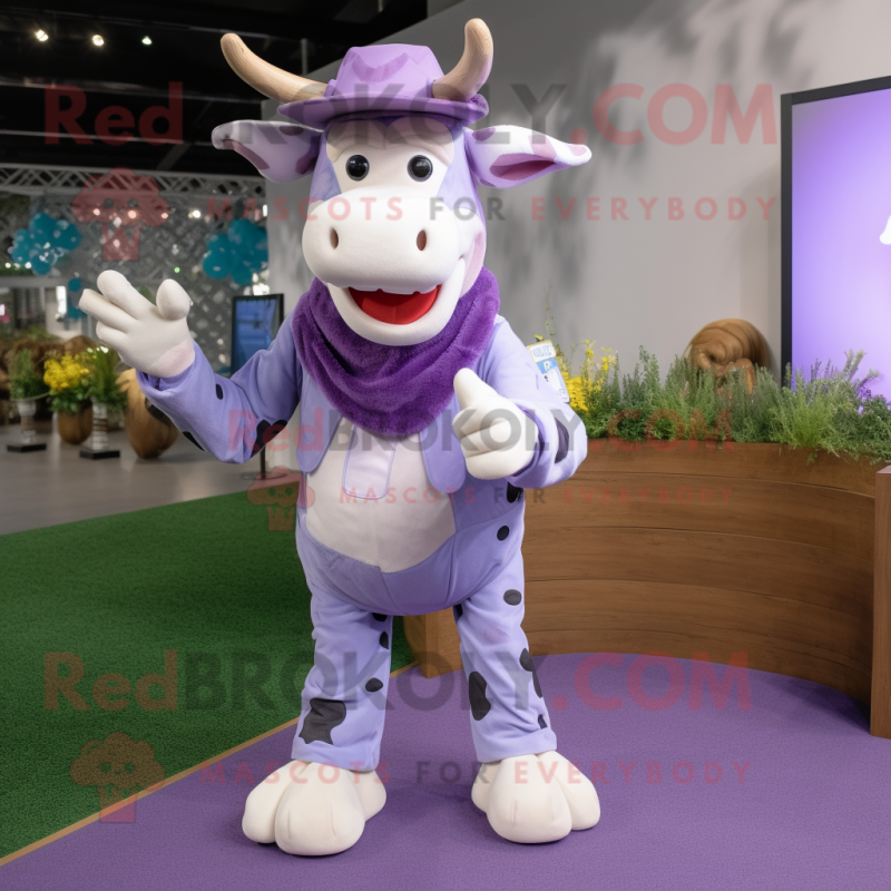 Lavender Cow mascot costume character dressed with a Jeans and Mittens