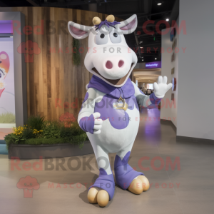 Lavender Cow mascot costume character dressed with a Jeans and Mittens