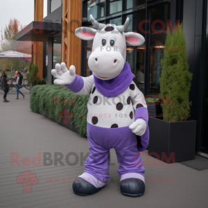 Lavender Cow mascot costume character dressed with a Jeans and Mittens