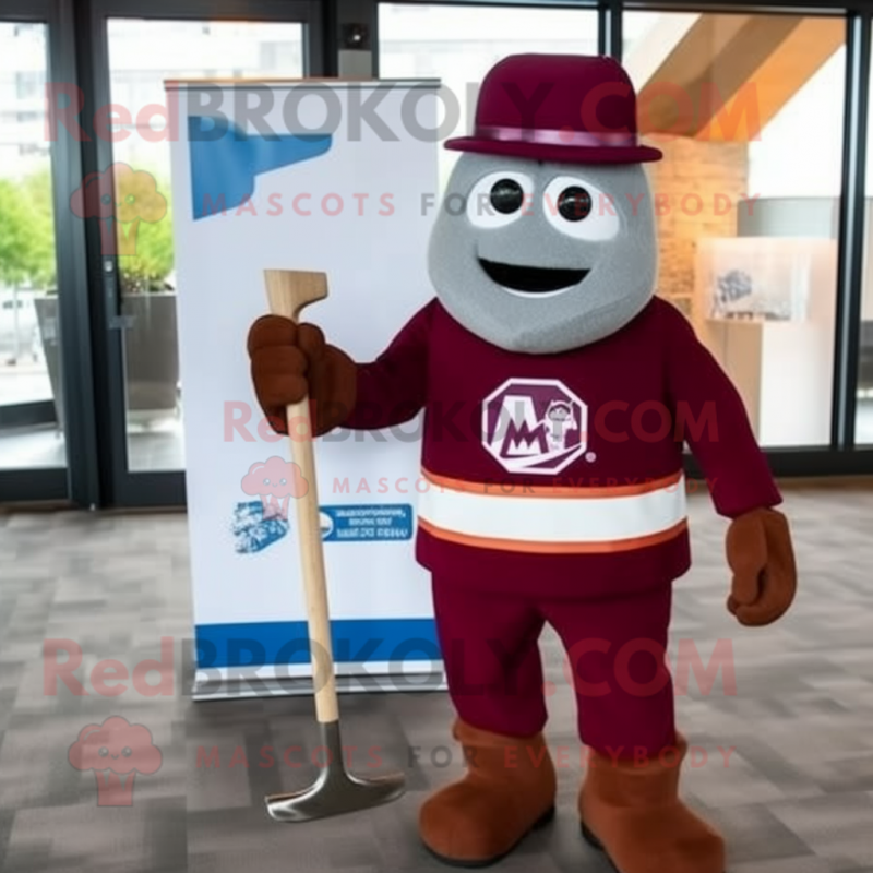 Maroon Ice Hockey Stick mascot costume character dressed with a Overalls and Pocket squares