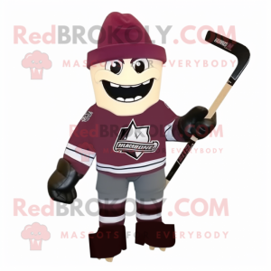 Maroon Ice Hockey Stick mascot costume character dressed with a Overalls and Pocket squares