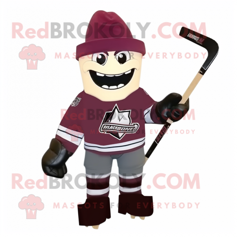 Maroon Ice Hockey Stick mascot costume character dressed with a Overalls and Pocket squares
