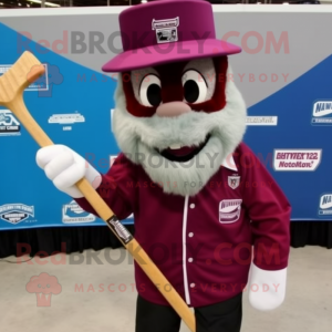 Maroon Ice Hockey Stick mascot costume character dressed with a Overalls and Pocket squares