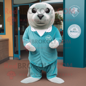 Teal Seal mascot costume character dressed with a Long Sleeve Tee and Ties