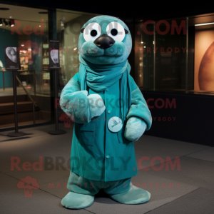 Teal Seal mascot costume character dressed with a Long Sleeve Tee and Ties