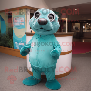 Teal Seal mascot costume character dressed with a Long Sleeve Tee and Ties