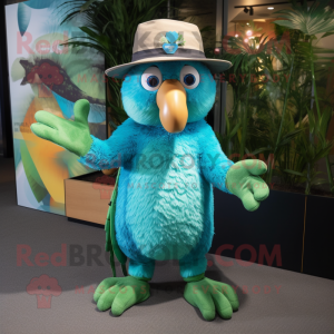 Cyan Kiwi mascot costume character dressed with a Romper and Hats