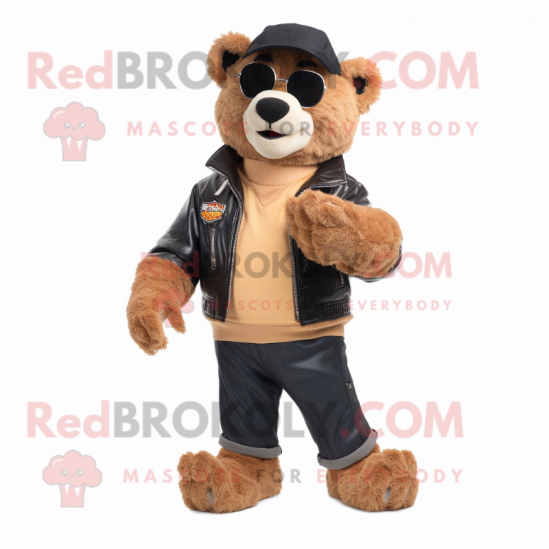 Tan Spectacled Bear mascot costume character dressed with a Biker Jacket and Wallets