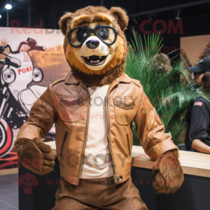 Tan Spectacled Bear mascot costume character dressed with a Biker Jacket and Wallets