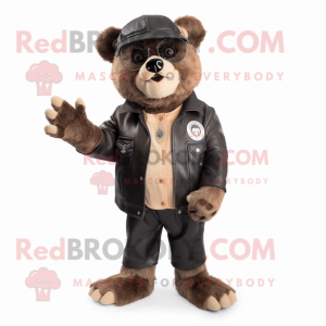 Tan Spectacled Bear mascot costume character dressed with a Biker Jacket and Wallets