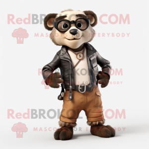 Tan Spectacled Bear mascot costume character dressed with a Biker Jacket and Wallets