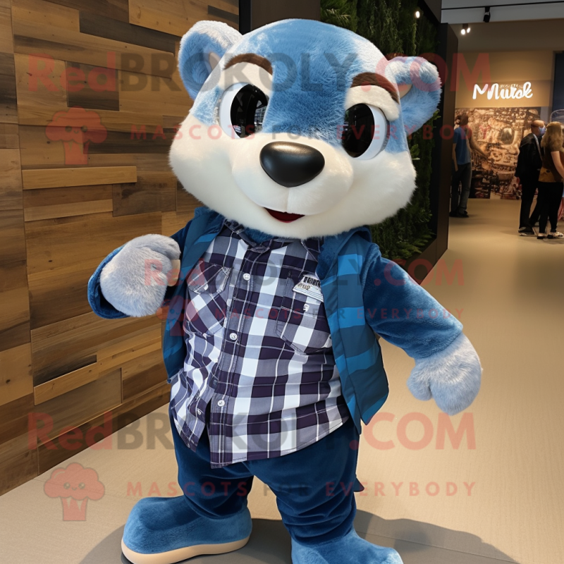 Blue Ferret mascot costume character dressed with a Flannel Shirt and Backpacks