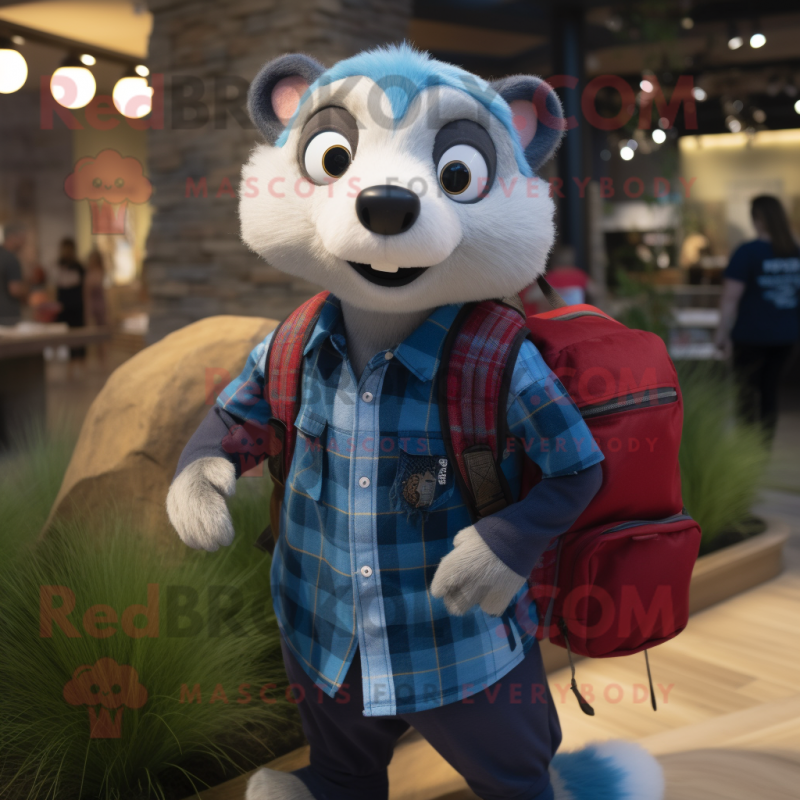 Blue Ferret mascot costume character dressed with a Flannel Shirt and Backpacks Blue Ferret mascot costume character dressed with a Flannel Shirt and Backpacks