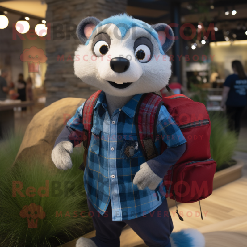 Blue Ferret mascot costume character dressed with a Flannel Shirt and Backpacks