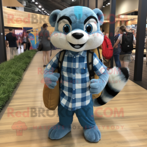 Blue Ferret mascot costume character dressed with a Flannel Shirt and Backpacks