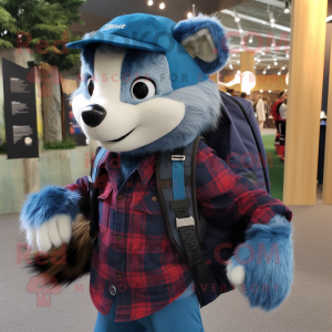 Blue Ferret mascot costume character dressed with a Flannel Shirt and Backpacks