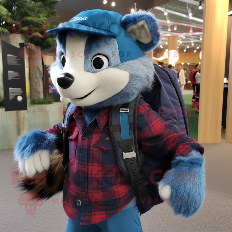 Blue Ferret mascot costume character dressed with a Flannel Shirt and Backpacks Blue Ferret mascot costume character dressed with a Flannel Shirt and Backpacks