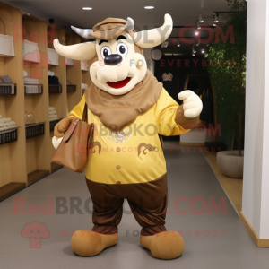 Gold Beef Stroganoff mascot costume character dressed with a Jacket and Tote bags