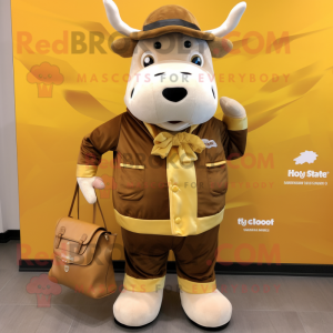 Gold Beef Stroganoff mascot costume character dressed with a Jacket and Tote bags