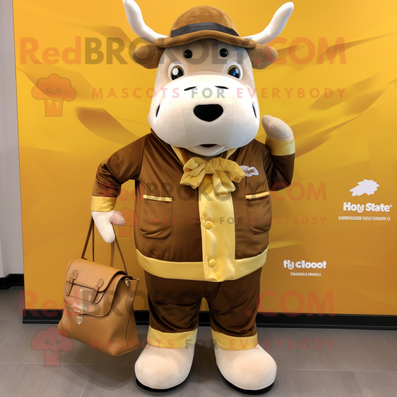 Gold Beef Stroganoff mascot costume character dressed with a Jacket and Tote bags Gold Beef Stroganoff mascot costume character dressed with a Jacket and Tote bags