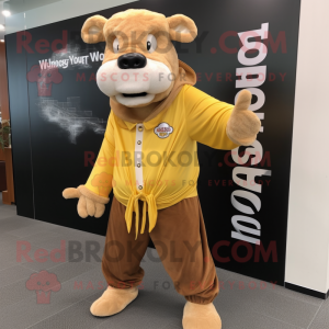 Gold Beef Stroganoff mascot costume character dressed with a Jacket and Tote bags