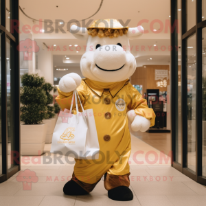 Gold Beef Stroganoff mascot costume character dressed with a Jacket and Tote bags
